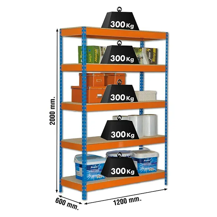 Simonrack Bricoforte Estantería para cargas pesadas Chipboard - Al x An x Pr: 200 x 120 x 60 cm, Capacidad de carga por balda: 300 kg, Número de baldas: 5 ud., Inserción, Azul/Naranja - Imagen de una estantería de alta resistencia con cinco niveles, cada uno capaz de soportar hasta 300 kg. La estantería es azul y naranja.