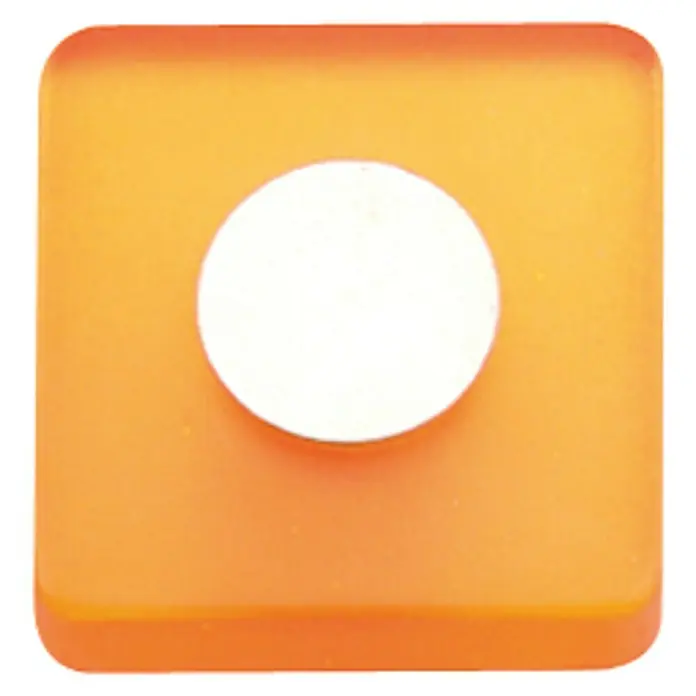Nesu Tirador para muebles 621NA - L x An x Al: 3 x 2,6 x 1,2 cm, Plástico, Naranja - Objeto cuadrado amarillo con esquinas redondeadas y un círculo blanco en el centro. Un elemento decorativo y elegante.