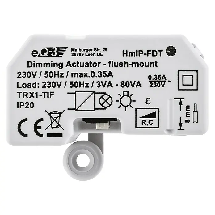 Homematic IP Phasenabschnittdimmer-Einsatz HmIP-FDT - 41 x 54 x 33 mm, Unterputz, 230 V - Nahaufnahme des Dimming Aktors "HmIP-FDT" von eQ-3, zur Unterputzmontage, mit technischen Daten und CE-Kennzeichnung.
