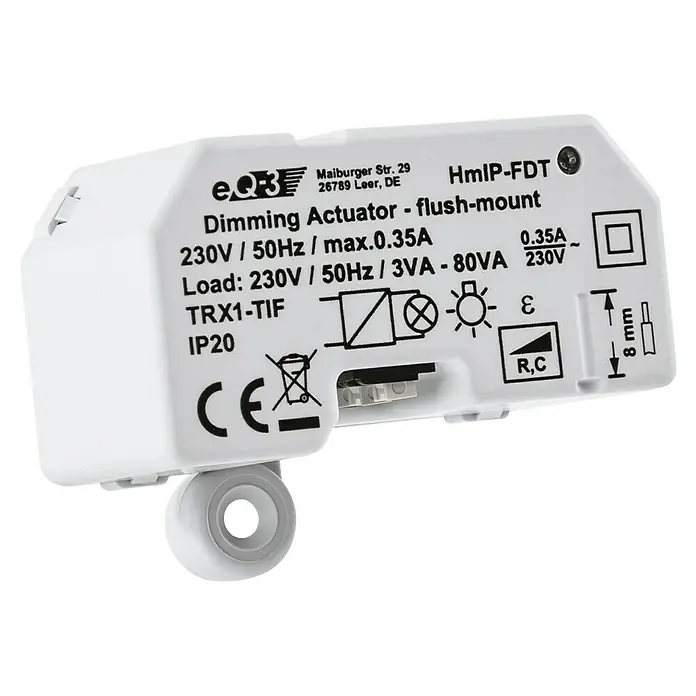 Homematic IP Phasenabschnittdimmer-Einsatz HmIP-FDT - 41 x 54 x 33 mm, Unterputz, 230 V - Nahaufnahme eines weißen Dimmaktuators für die Unterputzmontage mit technischen Details und Zertifizierungen.