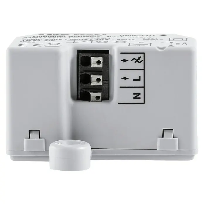 Homematic IP Phasenabschnittdimmer-Einsatz HmIP-FDT - 41 x 54 x 33 mm, Unterputz, 230 V - Nahaufnahme eines Homematic IP Dimmaktor für die Unterputzmontage. Das Gerät ist weiß und hat verschiedene Anschlussklemmen.