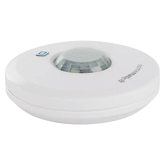 Homematic IP Bewegungsmelder HmIP-SPI - Batteriebetrieben, Ø x H: 10 x 2,9 cm, Bewegungssensorik, 105 ° - Nahaufnahme eines weißen Homematic IP Bewegungsmelders für den Innenbereich mit einem klaren, gewölbten Sensor und einem dezenten blauen Licht.