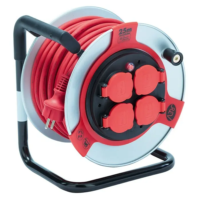 Kabeltrommel - Lackiertes Stahlblech, 40 m, H07RN-F, IP44 - Kabeltrommel mit rotem Kabel und vier roten Steckdosen. Praktische Lösung für flexible Stromversorgung.
