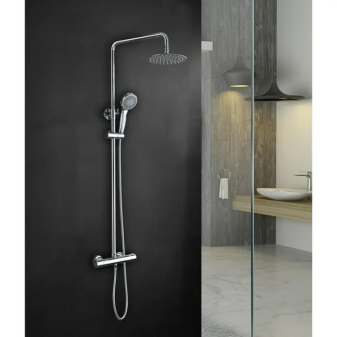 Imex Sistema de ducha Kent - Con grifo termostático, Cromo - Columna de ducha cromada con rociador y teleducha, diseño moderno para tu baño.