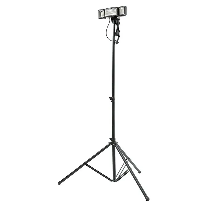 Profi Depot LED-Strahler - 42 W, 4.000 lm, 6.500 K, IP54 - Das Bild zeigt einen schwarzen LED-Baustrahler mit Stativ, ideal für Baustellen oder den Einsatz im Freien. Robuste und verlässliche Beleuchtung.