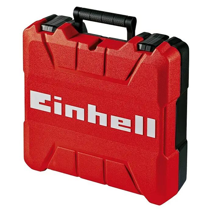 Einhell Werkzeugkoffer E-Box S35/33 - L x B x H: 330 x 350 x 110 mm, Kunststoff - Ein roter Werkzeugkoffer von Einhell mit schwarzem Griff und Verschlüssen, ideal für die Aufbewahrung und den Transport von Werkzeugen.