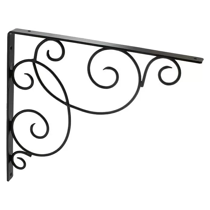 Rei Clásica Escuadra de soporte 1479 - L x An x Al: 20 x 30 x 2 cm, Carga soportada: 20 kg, Acero, Negro - Soporte de estante metálico ornamental negro con diseño de volutas.