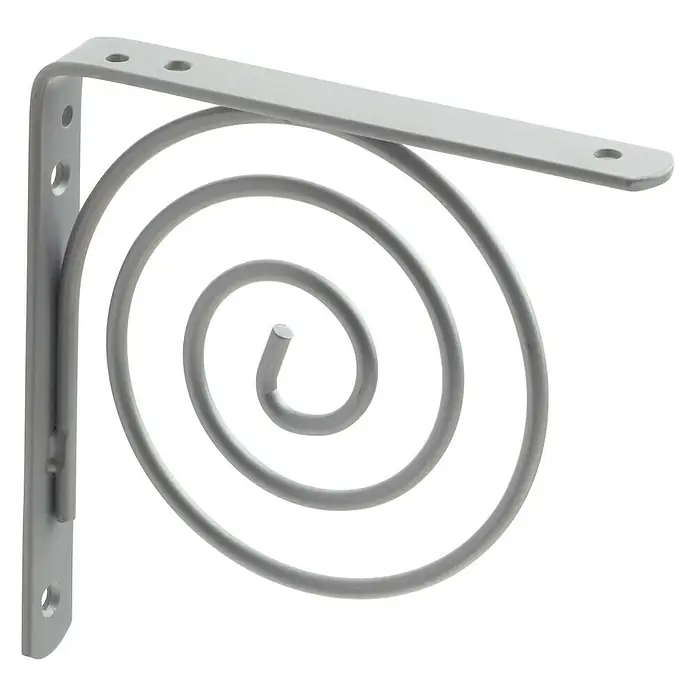 Rei Escuadra de soporte 1463 - Plateado, L x An x Al: 15 x 15 x 2 cm, Carga soportada: 20 kg, Acero - Un soporte de pared decorativo de color plateado con un diseño en espiral, ideal para estanterías y montaje en pared.