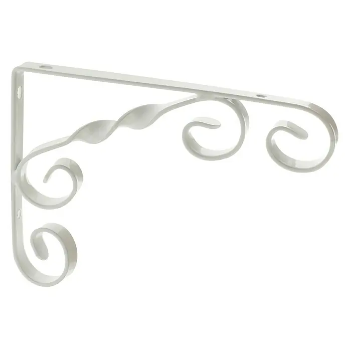 Rei Escuadra de soporte 1475 - L x An x Al: 13 x 18 x 1,2 cm, Blanco - Esta imagen muestra un soporte de pared blanco y decorativo con adornos de volutas, ideal para estanterías o plantas colgantes.