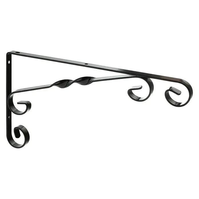 Rei Escuadra de soporte 1475 - L x An x Al: 15 x 28 x 1,2 cm, Negro - Un elegante soporte de cesta para plantas negro con adornos decorativos, ideal para montaje en pared interior y exterior.