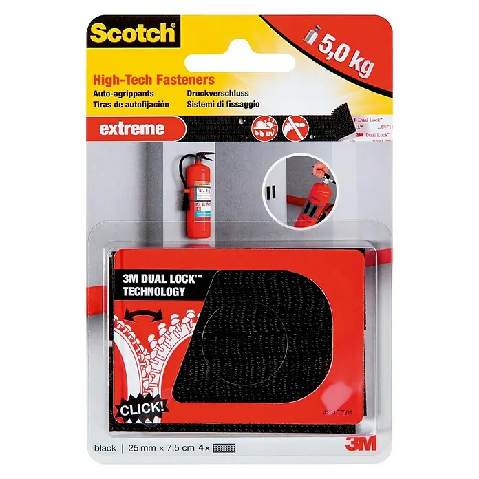 3M Scotch Cinta engomada Extreme negra - 25 mm x 7,5 cm, Negro - Scotch High-Tech Fasteners Extreme, perfecto para montar objetos de hasta 5,0 kg. Sujeción fuerte gracias a la tecnología 3M Dual Lock.