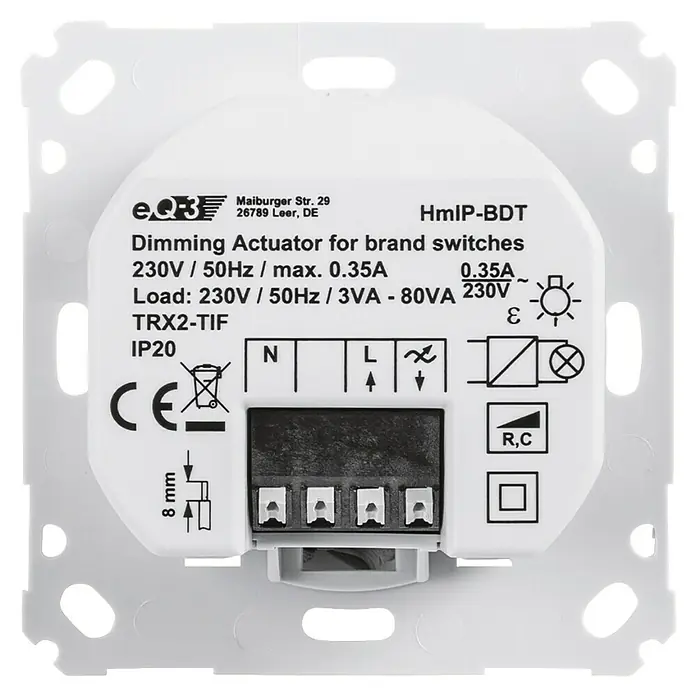 Homematic IP Phasenabschnittdimmer-Einsatz HmIP-BDT - 37 x 71 x 71 mm, Unterputz, 230 V - Nahaufnahme eines EQ3 HmIP-BDT Dimmaktors für Markenschalter, der Details wie Spannung, Modellnummer und Zertifizierungen zeigt.