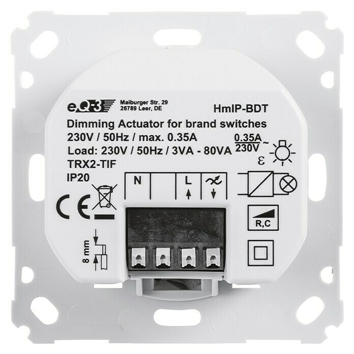 Homematic IP Phasenabschnittdimmer-Einsatz HmIP-BDT37 x 71 x 71 mm, Unterputz, 230 V/50 Hz Back View