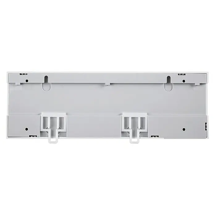 Homematic IP Fußbodenheizungsregler HmIP-FAL230-C10 - 52 x 225 x 75 mm, Funk, 230 V - Nahaufnahme der Rückseite eines weißen Produkts mit Montagehalterungen und Schlitzen für die Befestigung an der Wand.