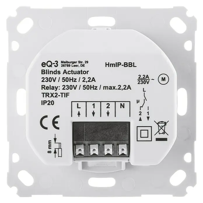 Homematic IP Jalousieschalter HmIP-BBL-2 - 230 V, Unterputz, 37 x 71 x 71 mm - Nahaufnahme eines EQ-3 HmIP-BBL Jalousieaktors mit technischen Daten und Anschlussdetails für die Elektroinstallation.