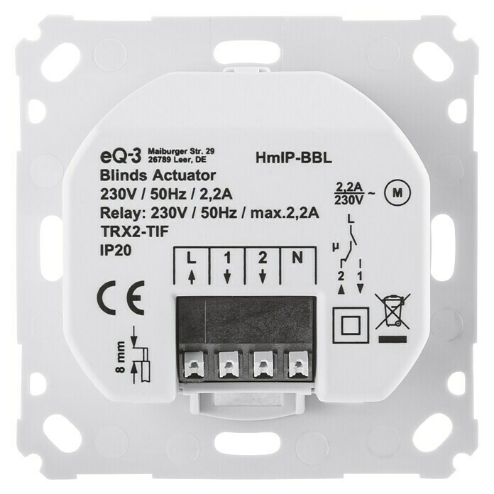 Homematic IP Jalousieschalter HmIP-BBL230 V/50 Hz, Unterputz, 37 x 71 x 71 mm Back View