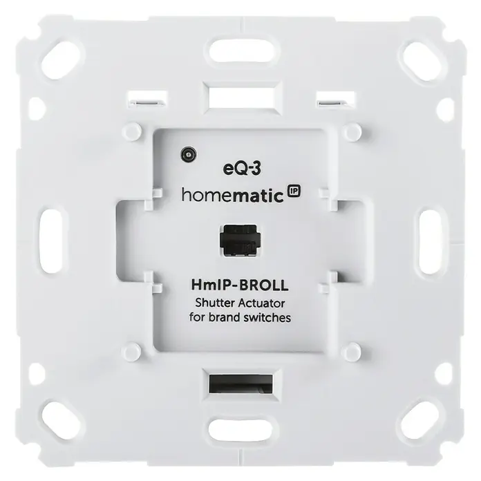 Homematic IP Rollladenschalter HmIP-BROLL-2 - Unterputz, 71 x 71 x 37 mm, Funk - Nahaufnahme eines Homematic IP-BROLL-Jalousieaktors für Markenschalter, der eine einfache und zuverlässige Steuerung von Jalousien ermöglicht.
