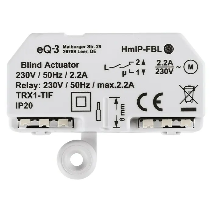 Homematic IP Jalousieschalter HmIP-FBL - Unterputz, 41 x 54 x 33 mm, 230 V - Abbildung eines EQ-3 HmIP-FBL Jalousieaktor, der eine zuverlässige Steuerung von Jalousien mit 230V/50Hz/2.2A bietet.