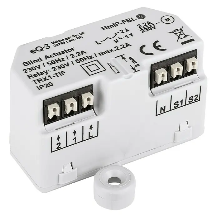 Homematic IP Jalousieschalter HmIP-FBL - Unterputz, 41 x 54 x 33 mm, 230 V - Nahaufnahme eines EQ-3 HmIP-FBL Jalousieaktors, der für die intelligente Steuerung von Jalousien im Smart Home konzipiert ist.
