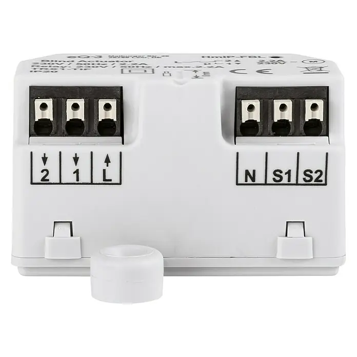 Homematic IP Jalousieschalter HmIP-FBL - Unterputz, 41 x 54 x 33 mm, 230 V - Abbildung eines HmiP-FBL Jalousieaktor mit Anschlussklemmen. Er ist mit "2 1 L" und "N S1 S2" gekennzeichnet und für die Hausautomation konzipiert.