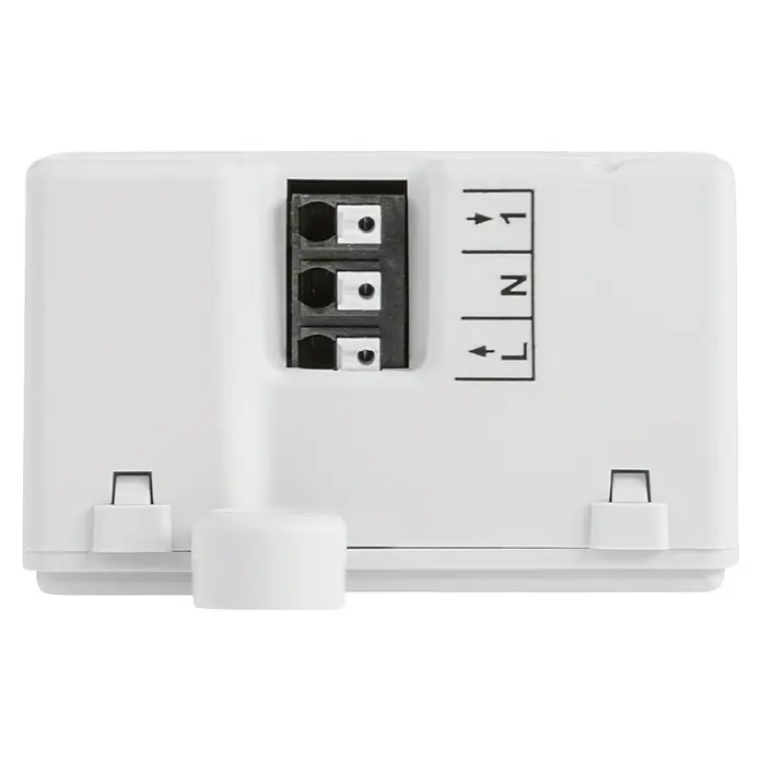 Homematic IP Funkschalter HmIP-FSM - 41 x 54 x 33 mm, Unterputz, 230 V, 5 A - Nahaufnahme einer weißen elektronischen Steuereinheit mit Anschlussklemmen für die Stromversorgung und verschiedenen Beschriftungen.