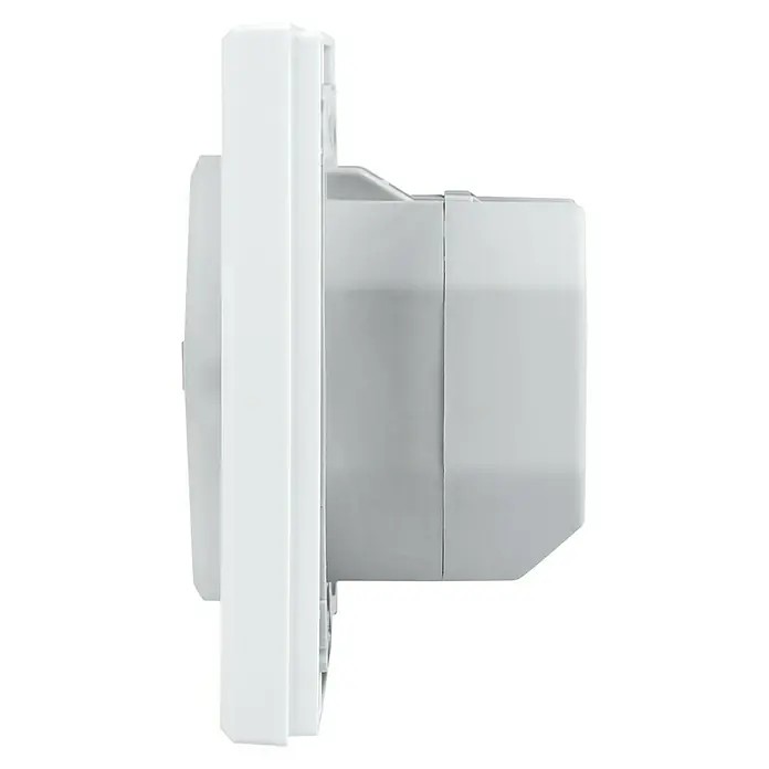 Homematic IP Funkschalter HmIP-BSL - 52 x 86 x 86 mm, Grau, 230 V - Nahaufnahme einer weißen Zeitschaltuhr, die elektronische Geräte zeitgesteuert ein- und ausschaltet. Ideal für Energieeinsparung und Komfort.