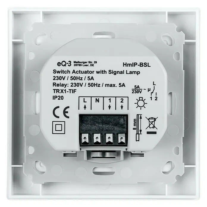 Homematic IP Funkschalter HmIP-BSL - 52 x 86 x 86 mm, Grau, 230 V - Nahaufnahme eines EQ-3 HmIP-BSL Schalter-Aktors mit Signallampe, der für 230V/50Hz/5A ausgelegt ist und über Relay-Funktionen verfügt.