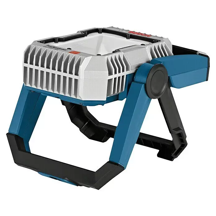 Bosch Professional AMPShare 18V LED-Akkustrahler GLI 18V-1900 - 18 V, Ohne Akku, Lichtstrom: 1.900 lm - Bosch professionelle LED-Arbeitsleuchte mit hellgrauem Gehäuse und verstellbarem blau-schwarzem Ständer.