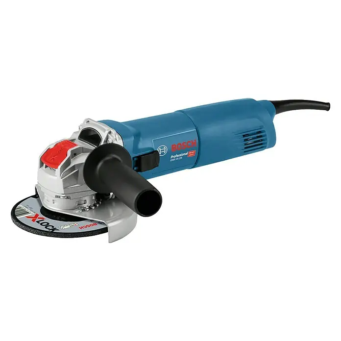 Bosch Professional X-Lock Elektro-Winkelschleifer GWX 14-125 - 1.400 W, Durchmesser Scheibe: 125 mm, Leerlaufdrehzahl: 11.000 U/min - Der blaue Bosch Professional GWM 14-125 Winkelschleifer mit dem großen, schwarzen Handgriff und der Schutzvorrichtung.