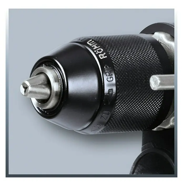 Einhell Expert Taladro percutor TE-ID 750/1 E - 750 W, 3.000 r.p.m., Número máx. de impactos: 43.200 /min - Detalle de un taladro con su portabrocas, diseñado para sujetar brocas de forma segura.