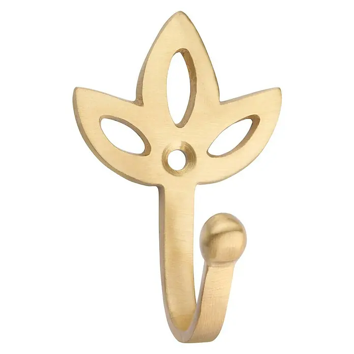 Inofix Gancho para colgar 3751 - An x Al: 4 x 6,6 cm, Latón - Percha de pared dorada en forma de hoja con extremo en forma de bola, ideal para colgar albornoces o toallas.