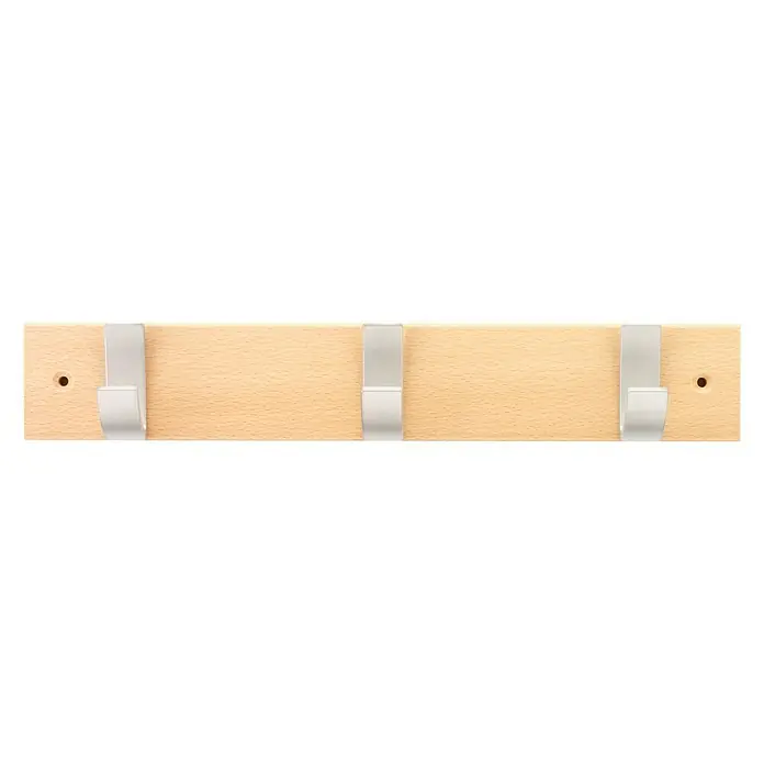 Inofix Perchero 3703 - L x An x Al: 36 x 6 x 6 cm, Madera, Natural - Perchero de madera clara con tres colgadores plateados, perfecto para colgar chaquetas y accesorios en el recibidor o en el dormitorio.