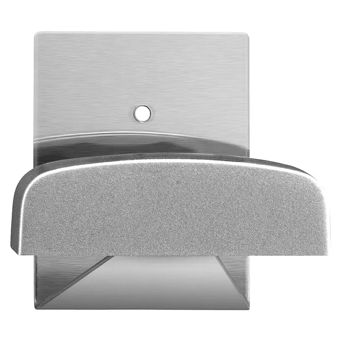 Inofix Colgador adhesivo 2045 - Cromado mate, 1 ud., Cuadrado - Primer plano de un accesorio de puerta plateado con una placa rectangular y un mango redondeado, ideal para diseños interiores modernos.