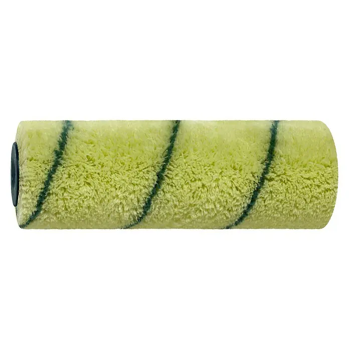 Recambio de rodillos Poliamida - Anchura cilindro: 18 cm, Diámetro: 4,8 cm - Un rodillo de pintura verde amarillento con rayas oscuras, ideal para aplicar pintura en diversas superficies, asegurando un acabado uniforme.