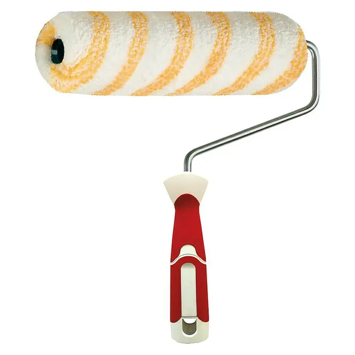 Rodillo de pintar Round Gold - Apto para: Superficies lisas, Anchura cilindro: 18 cm, Espesor de estribo: 8 mm - Primer plano de un rodillo de pintura con mango rojo y blanco y rayas amarillas, una herramienta para pintar sin esfuerzo.