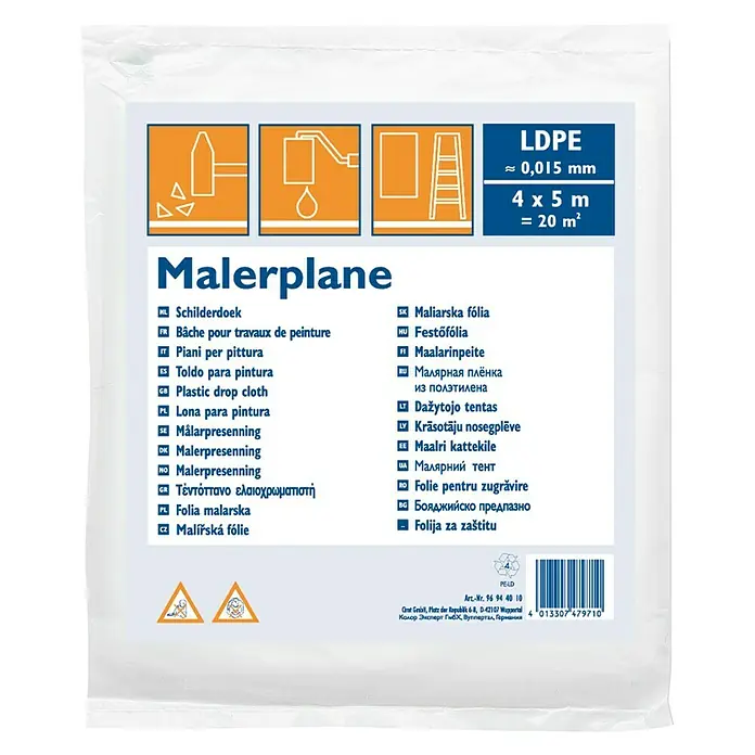 Film protector Cubretodo - 5 x 4 m, Espesor: 0,015 mm - 15 µm - Lona de pintor: Lona protectora de LDPE, aprox. 0,015 mm de grosor, 4 x 5 m, ideal para trabajos de pintura y renovación, protege contra salpicaduras de pintura.