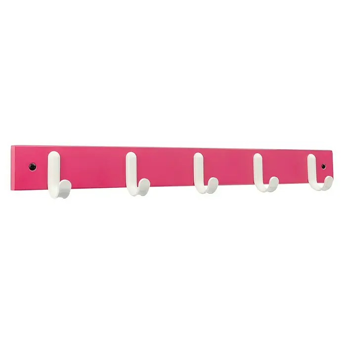 Inofix Perchero 3707 - L x An x Al: 48,8 x 6 x 5,2 cm, Madera, Rosa - Un perchero rosa con cinco ganchos blancos, perfecto para guardar ropa y accesorios con estilo.