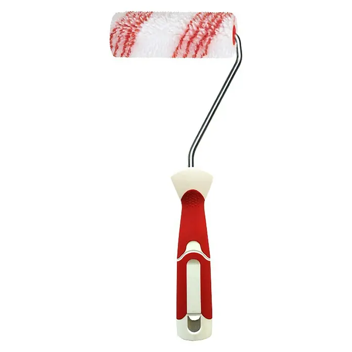 Rodillo de pintar K 30 - Anchura cilindro: 12 cm - Imagen de un rodillo de pintura con un patrón rojo y blanco sobre el fondo negro.