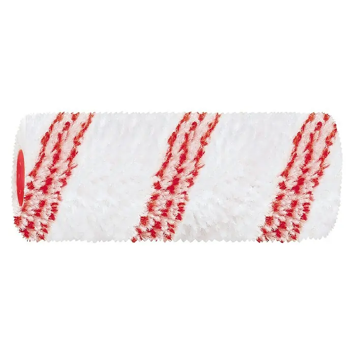 Recambio de rodillos K30 Microfibra - Anchura cilindro: 12 cm - Funda de rodillo blanca con rayas diagonales rojas para una aplicación uniforme de pintura.