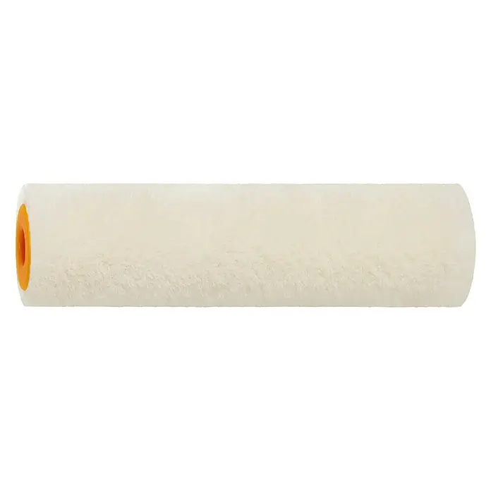 Recambio de rodillos Velour - Ancho: 10 cm, Diámetro: 1,7 cm - Primer plano de un rodillo de pintura con una cubierta de color crema y extremos naranjas, diseñado para una aplicación suave de la pintura.