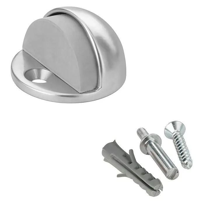 Inofix Tope de puerta 3049 - Metal, Gris metalizado - Imagen de un juego de topes de puerta con tacos y tornillos, ideal para el montaje y para proteger las puertas de daños.