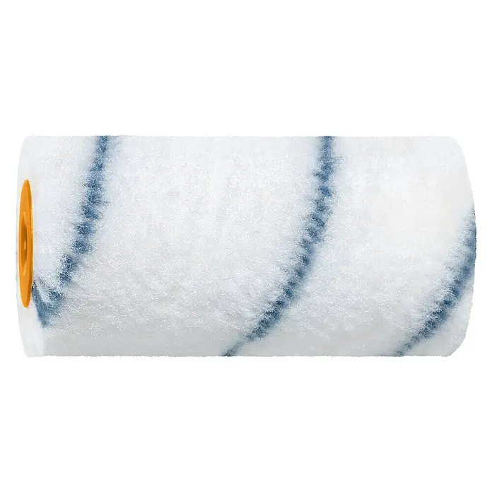 Recambio de rodillos Nylon 12 - Ancho: 12 cm, Diámetro: 3 cm - Rodillo de pintura con rayas azules y extremos naranjas para una aplicación uniforme y eficiente de la pintura.