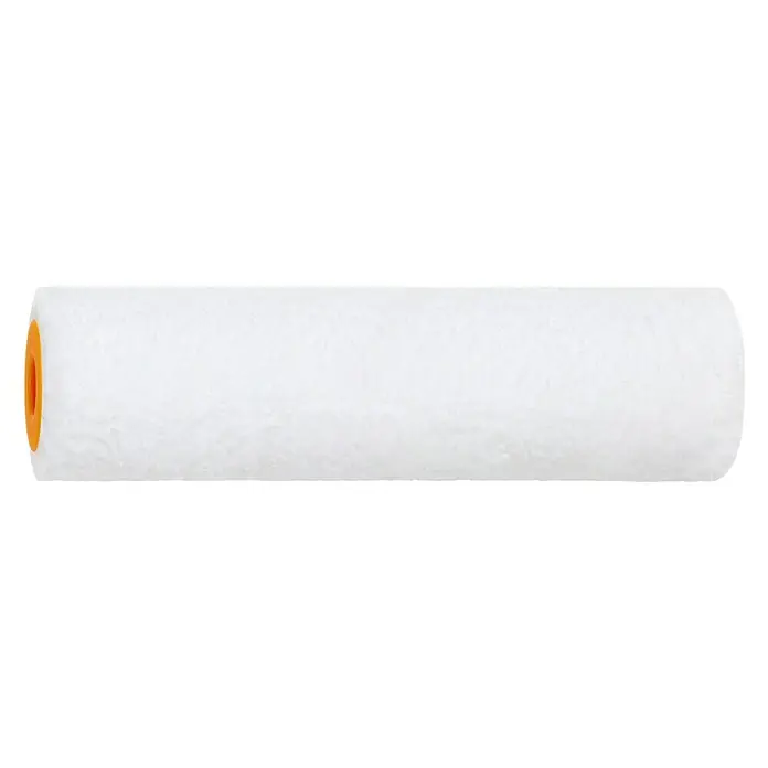 Recambio de rodillos Magic - Ancho: 10 cm, Diámetro: 1,7 cm - Primer plano de un rodillo de pintura con cubierta blanca y extremos naranjas, ideal para una aplicación precisa de la pintura.