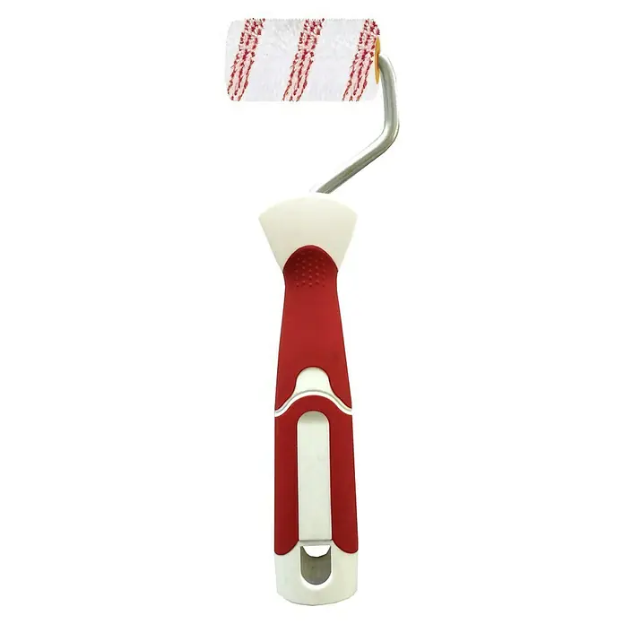Rodillo de pintar K 17 - Apto para: Superficies lisas, Anchura cilindro: 5 cm - Primer plano de un rodillo de pintura con mango rojo y rodillo a rayas, ideal para una aplicación uniforme de pintura.