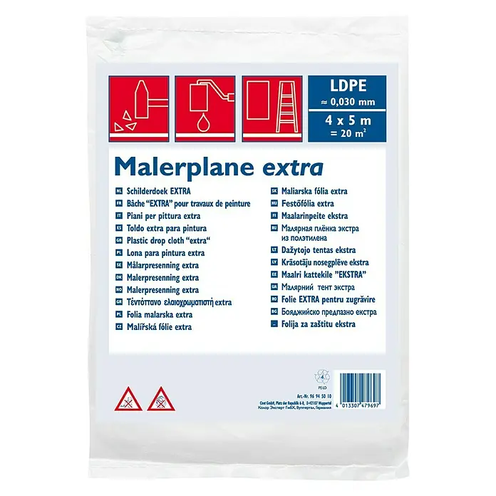 Film protector Cubretodo - 5 x 4 m, Espesor: 30 µm - Lona extra de pintura de LDPE, de aprox. 0,030 mm de espesor, de 4 x 5 m = 20 m² para proteger contra salpicaduras de pintura y suciedad.