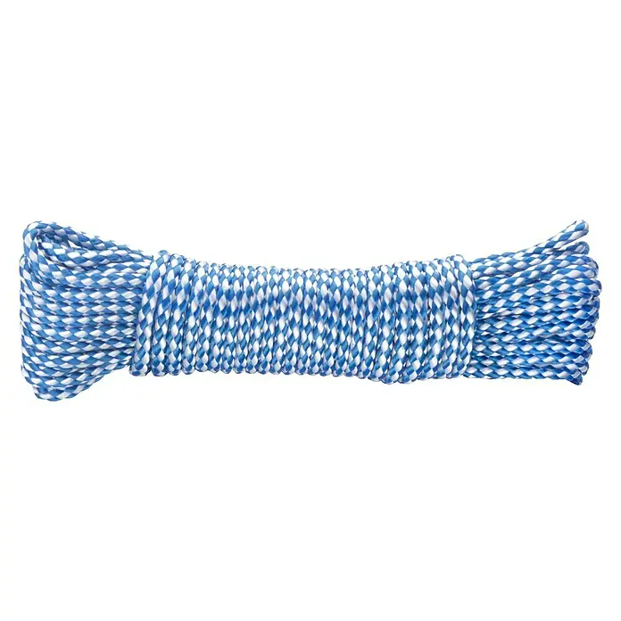 Cuerda de polietileno DY2702863 - 4 mm x 20 m, Plástico, Azul, Carga soportada: 30 kg - Primer plano de un rollo de tendedero de rayas azules y blancas, bien enrollado y listo para usar en tareas domésticas o camping.
