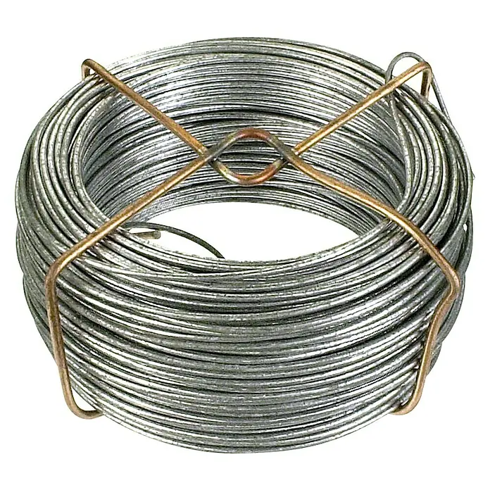 Cable metálico DY270241 - Ø x L: 1 mm x 65 m, Zincado - Primer plano de un rollo de alambre para armaduras, sujeto por un asa de alambre de cobre, sobre un fondo negro.