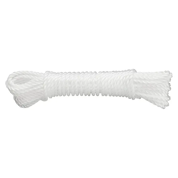 Cuerda DY2702812 - 5 mm x 20 m, Plástico, Blanco, Carga soportada: 40 kg - Primer plano de una cuerda blanca, perfectamente enrollada, mostrando textura y una sensación de fortaleza.