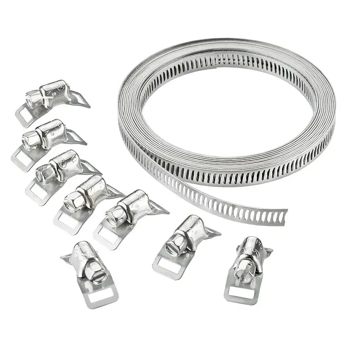 Cinta de doble cara B34089 - 8 mm x 3 m, Plateado - Un primer plano de abrazaderas de manguera y una cinta de acero inoxidable, esencial para conexiones seguras y fiables.
