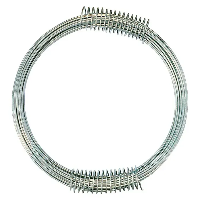 Cable metálico FLOR78520 - Ø x L: 1,2 x 10 mm, Zincado - Esta imagen muestra un aro de alambre redondo con una espiral de alambre enrollada alrededor, perfecto para manualidades y decoraciones.
